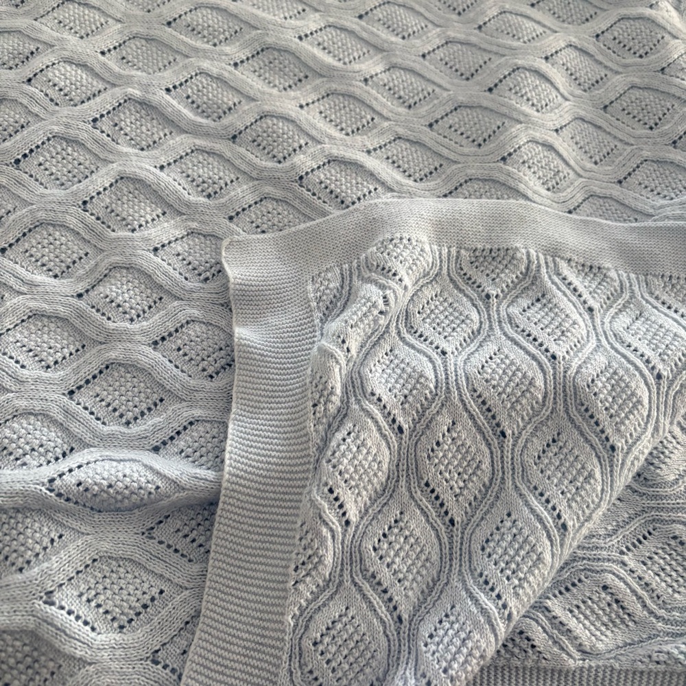 Crate & Barrel Knit Baby Blanket Organic Cotton Pale Blue Pointelle Soft 48”x45”